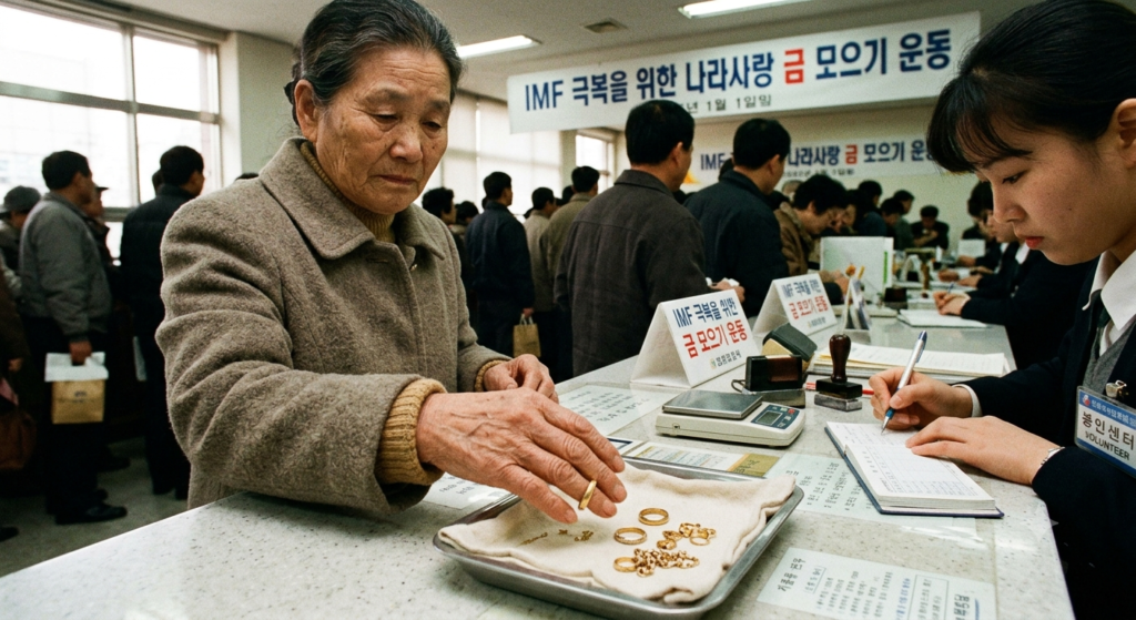 1998년 IMF 금모으기 운동 당시 은행 창구에서 금반지와 돌반지를 내려놓는 어머니의 손