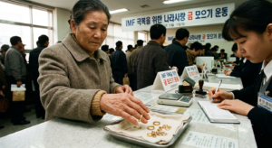 1998년 IMF 금모으기 운동 당시 은행 창구에서 금반지와 돌반지를 내려놓는 어머니의 손