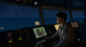 야간 항해 중인 외항선 조타실에서 스마트폰 속 가족 사진과 함께 항해중인 청년 해기사