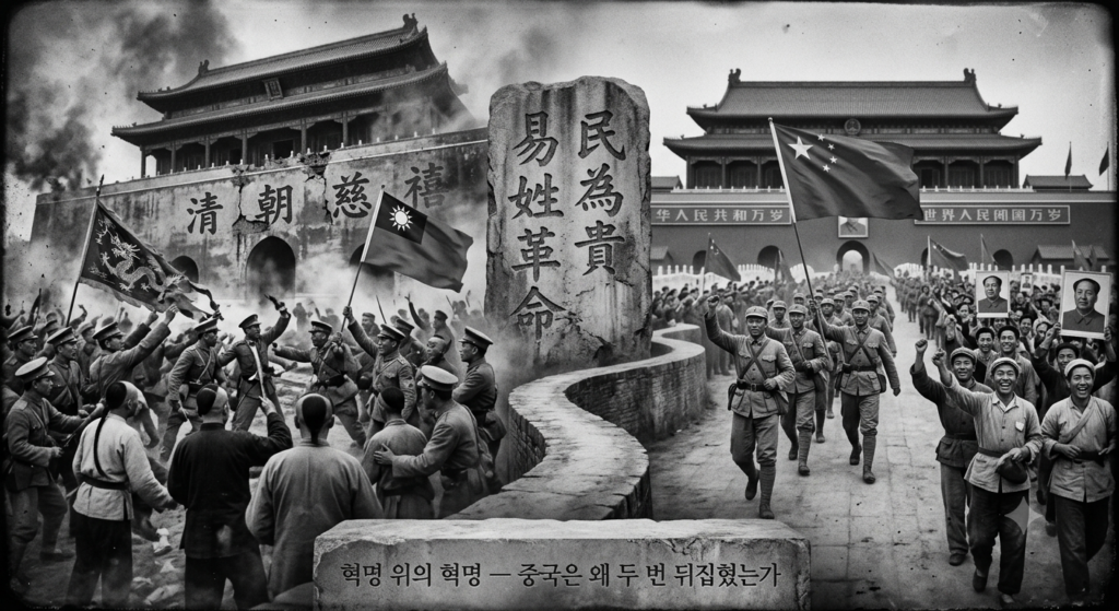 1911년 신해혁명과 1949년 중화인민공화국 수립을 대조하여 '역성혁명'과 중국 현대사 혁명의 구조적 반복을 보여주는 합성 역사 사진