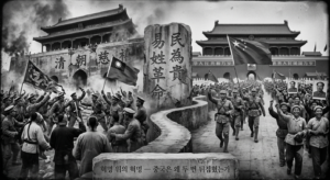 1911년 신해혁명과 1949년 중화인민공화국 수립을 대조하여 '역성혁명'과 중국 현대사 혁명의 구조적 반복을 보여주는 합성 역사 사진