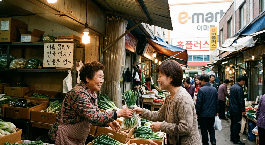 2000년대 한국 재래시장에서 야채 가게 상인과 단골 손명이 대파를 주고받으며 정답게 웃는 모습과 대형마트 확산 배경