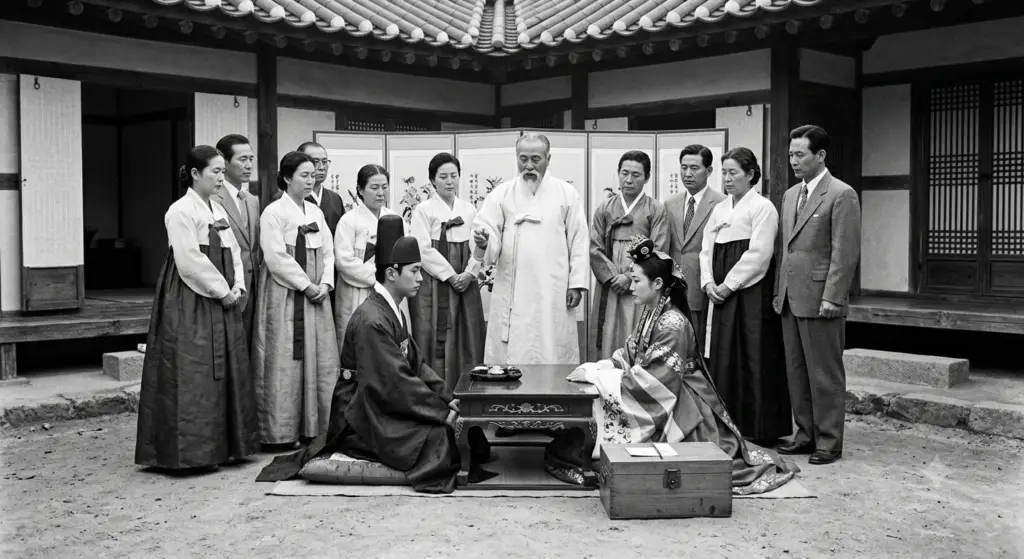 1950년대 한국 양가 가문의 어른들이 지켜보는 가운데 한옥 마당에서 엄숙하게 거행되는 전통 중매결혼 식의 장면