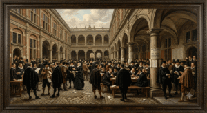 17세기 네덜란드 암스테르담 증권거래소(Beurs van Hendrick de Keyser) 안뜰에서 VOC 주식과 신용 거래를 논의하는 상인들을 그린 역사적 유화