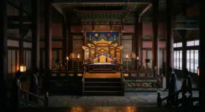 고구려 중천왕대의 무거운 권력과 역사적 궁궐 분위기를 연상시키는 어두운 분위기의 한국 전통 왕좌와 궁궐 실내