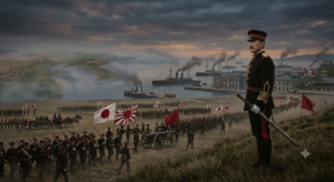 1890년대 메이지 시대 정복을 입은 일본 제국군 장교와 군대, 함선이 팽창주의를 상징하는 욱일기 아래 모여 동아시아 대륙을 바라보는 모습