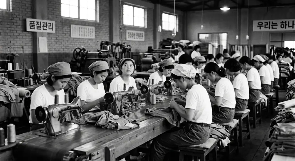 1970년대 한국 구로공단 봉제 공장에서 미싱 작업을 하고 있는 젊은 여성 노동자(여공)들의 모습. 한국 산업화와 연애결혼 등장의 사회적 배경을 상징하는 장면.