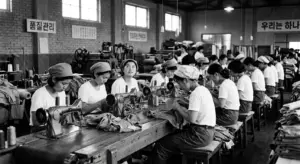 1970년대 한국 구로공단 봉제 공장에서 미싱 작업을 하고 있는 젊은 여성 노동자(여공)들의 모습. 한국 산업화와 연애결혼 등장의 사회적 배경을 상징하는 장면.