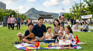 서울 광화문광장 잔디밭에서 태극기와 베트남 기를 놓고 화목하게 웃으며 소풍을 즐기는 다문화가족