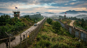 비무장지대(DMZ)의 철조망과 남북한 감시초소(GP)가 대치하고 있는 한반도 군사분계선 풍경