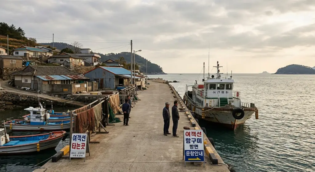 여수 함구미 연안여객선 선착장과 선착장에 서서 배를 기다리는 섬 주민들의 모습