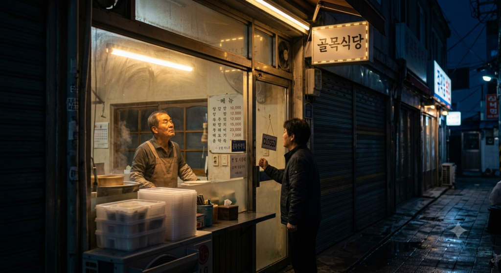 늦은 밤 어두운 골목길 끝 작은 식당에서 불을 켜고 문을 두드린 손님을 맞이하는 한국 자영업자 식당 주인의 모습