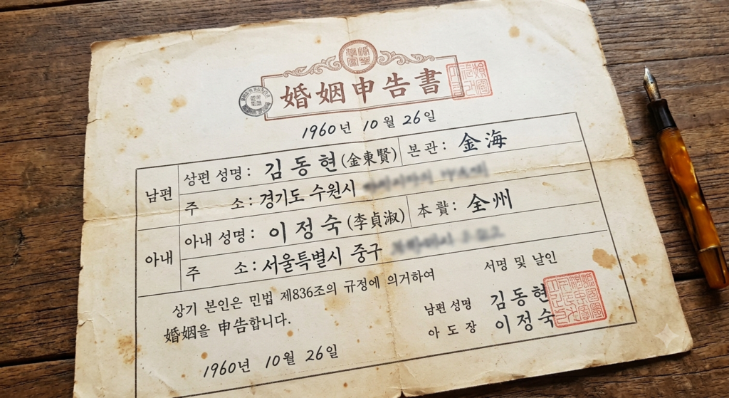 빛바랜 종이에 1960년대 한국 혼인신고서 서식이 적힌 빈티지 문서와 만년필. 가족 제도의 역사적 변화와 이혼 및 결혼에 관한 법사회학적 의미를 상징하는 분위기 이미지.