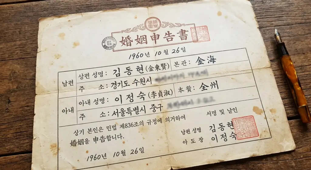 빛바랜 종이에 1960년대 한국 혼인신고서 서식이 적힌 빈티지 문서와 만년필. 가족 제도의 역사적 변화와 이혼 및 결혼에 관한 법사회학적 의미를 상징하는 분위기 이미지.
