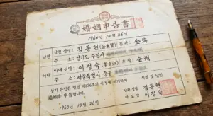 빛바랜 종이에 1960년대 한국 혼인신고서 서식이 적힌 빈티지 문서와 만년필. 가족 제도의 역사적 변화와 이혼 및 결혼에 관한 법사회학적 의미를 상징하는 분위기 이미지.