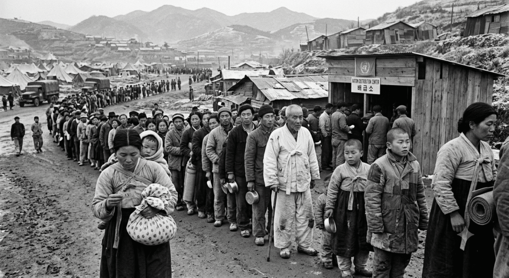 1950년대 한국전쟁 당시 임시 배급소 앞에 길게 줄을 서서 식량 배급표를 들고 기다리는 피난민들